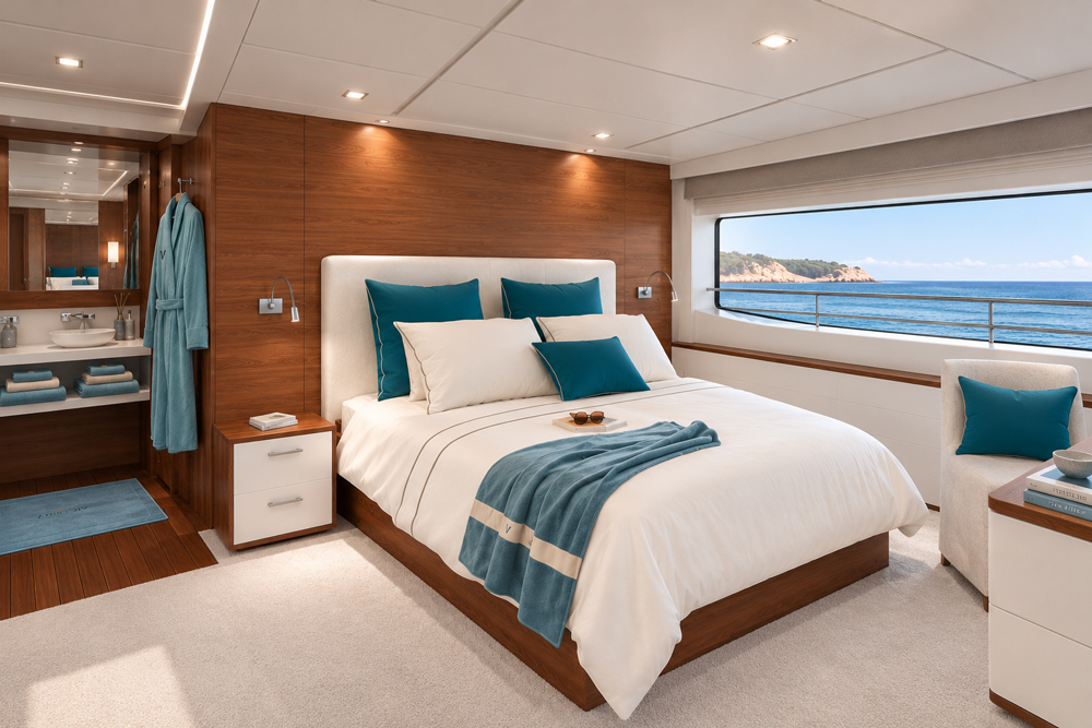 Cabine de bateau avec linge de lit personnalisé blanc et bleu canard
